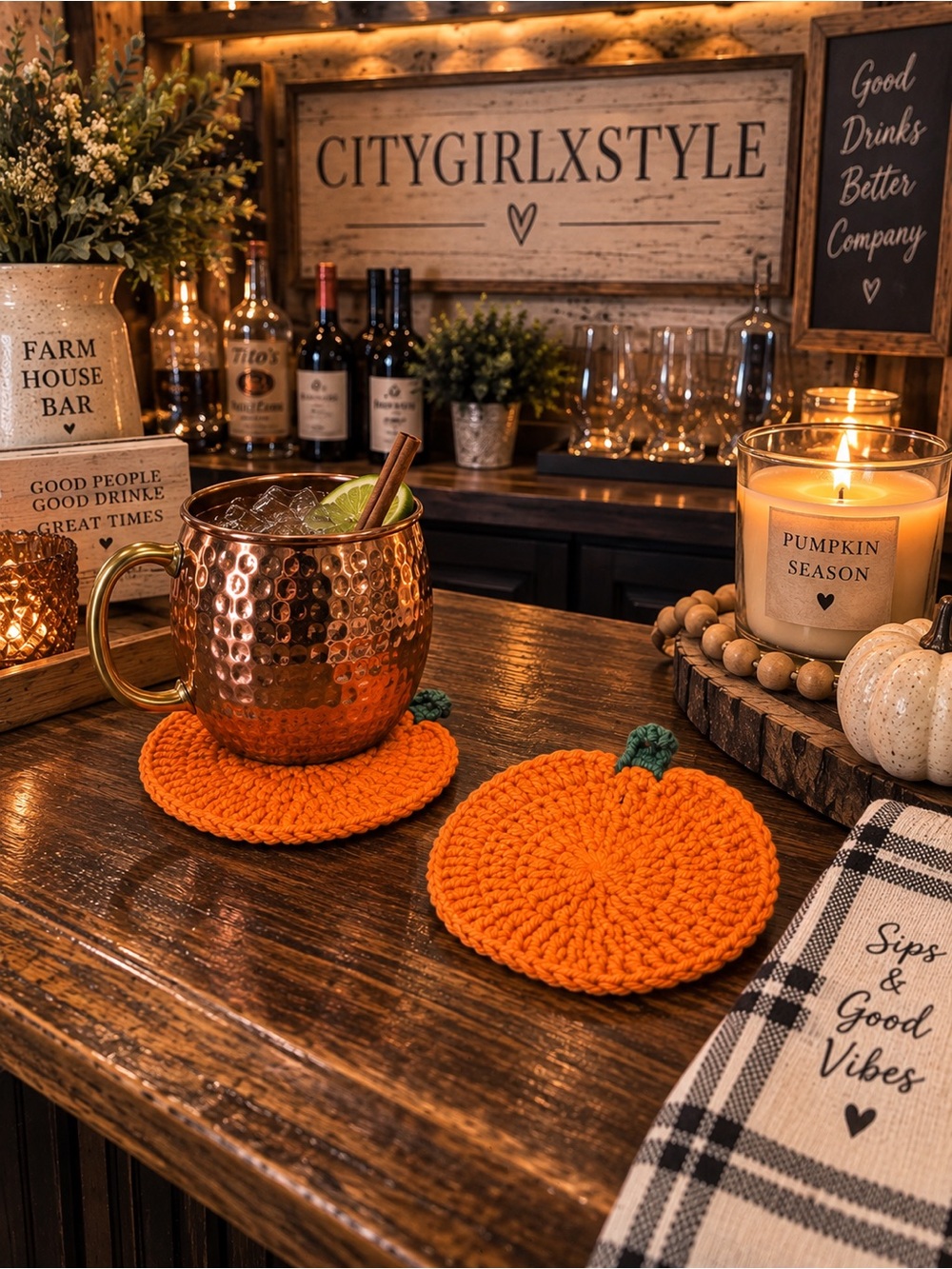 Handmade Orange Pumpkin Crochet Coasters - Set of 2